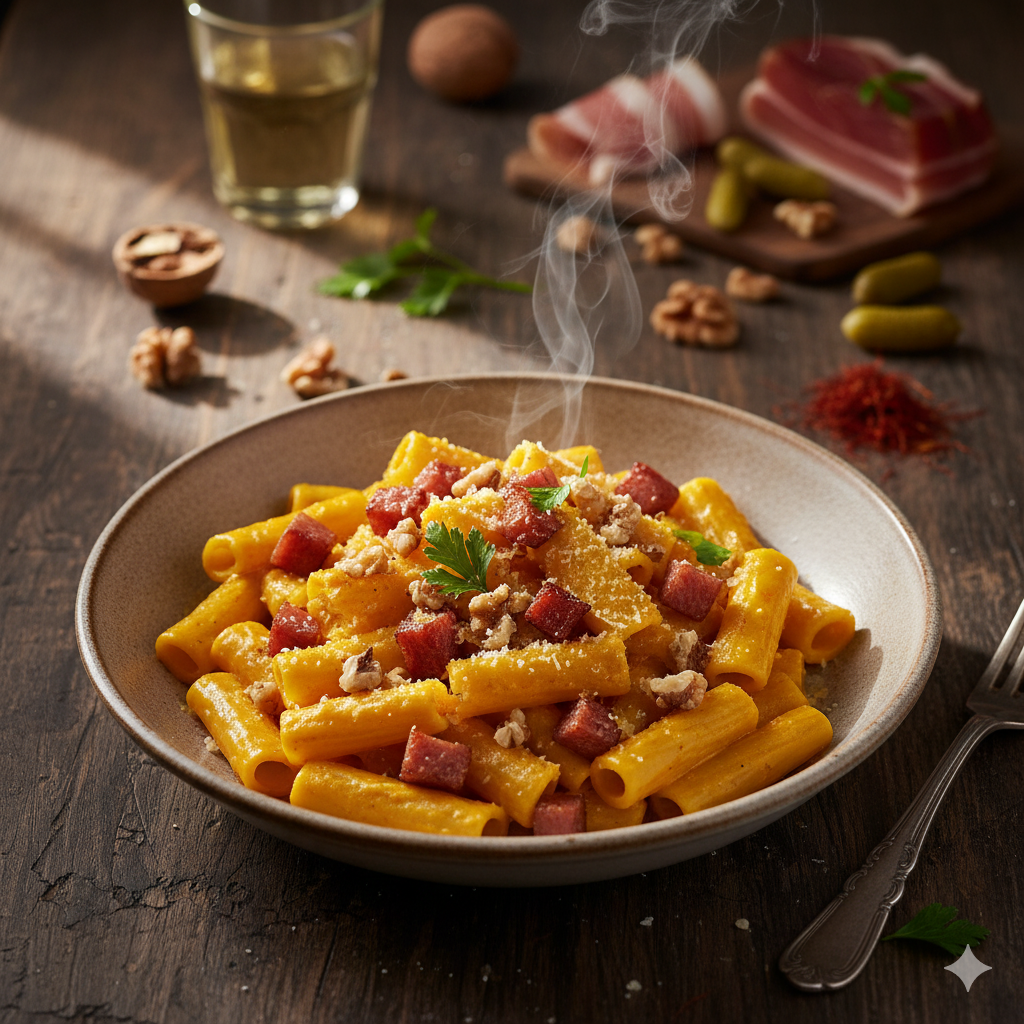 Pasta-cremosa-con-speck-croccante-noci-e-zafferano Frutta Secca Ke Passione Vivicasa